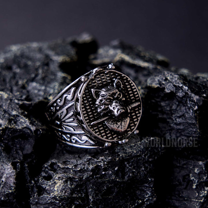 WorldNorse Wolf Head Biting Sword Ring