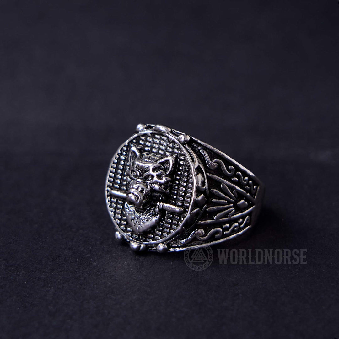 WorldNorse Wolf Head Biting Sword Ring