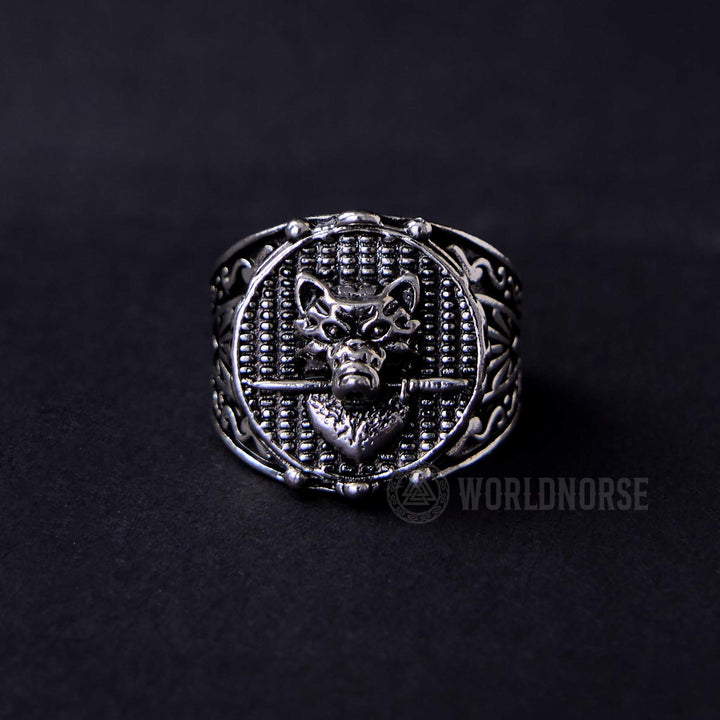 WorldNorse Wolf Head Biting Sword Ring