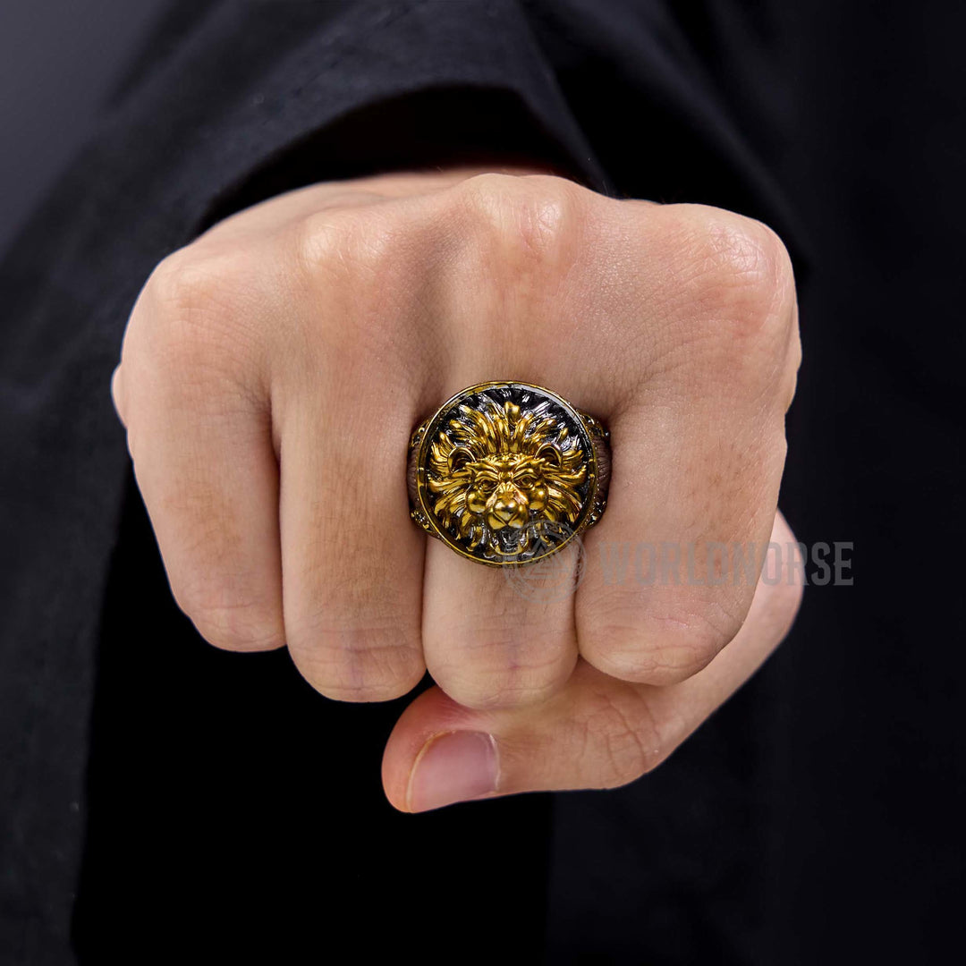 WorldNorse Gold Lion Head Dominant Ring