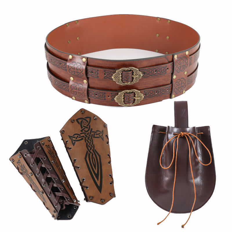 WorldNorse Leather Arm Bracers Belt Pouch Bag Set