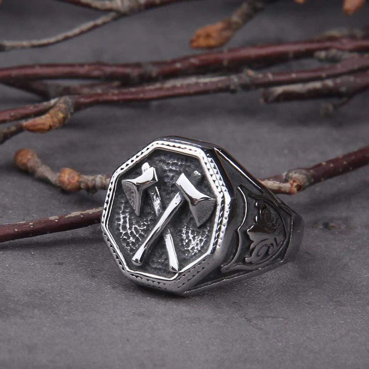 WorldNorse Crossed Viking Axe Stainless Steel Ring