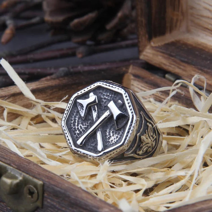 WorldNorse Crossed Viking Axe Stainless Steel Ring