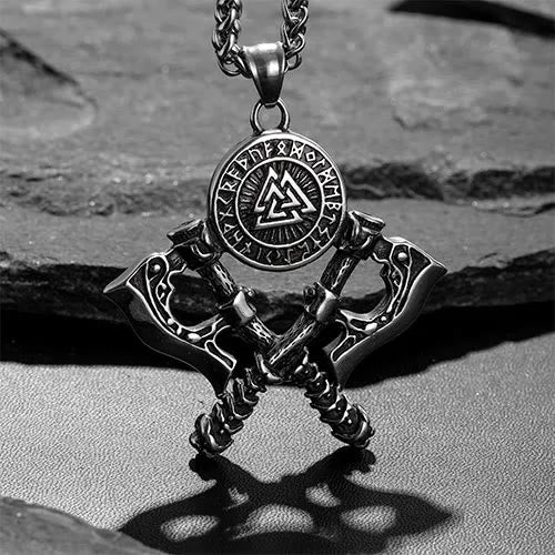 WorldNorse Crossed Viking Axe Valknut Rune Necklace