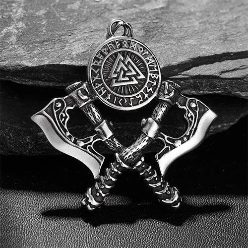 WorldNorse Crossed Viking Axe Valknut Rune Necklace