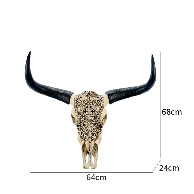 WorldNorse Hand-Carved Cow Skull Wall Hanging - 64x68x24cm Resin