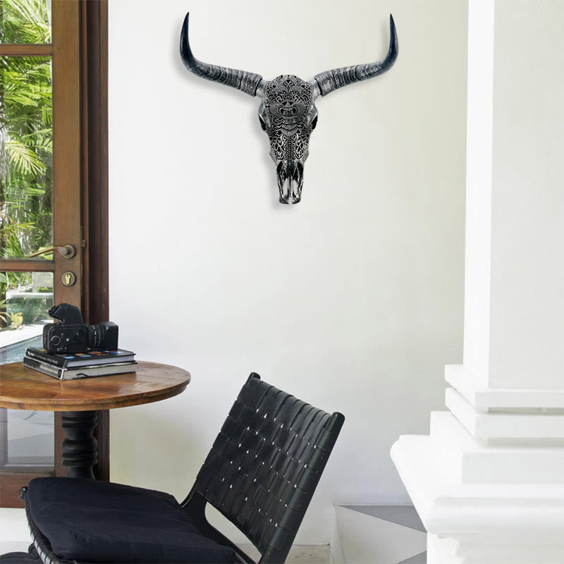 WorldNorse Hand-Carved Cow Skull Wall Hanging - 64x68x24cm Resin