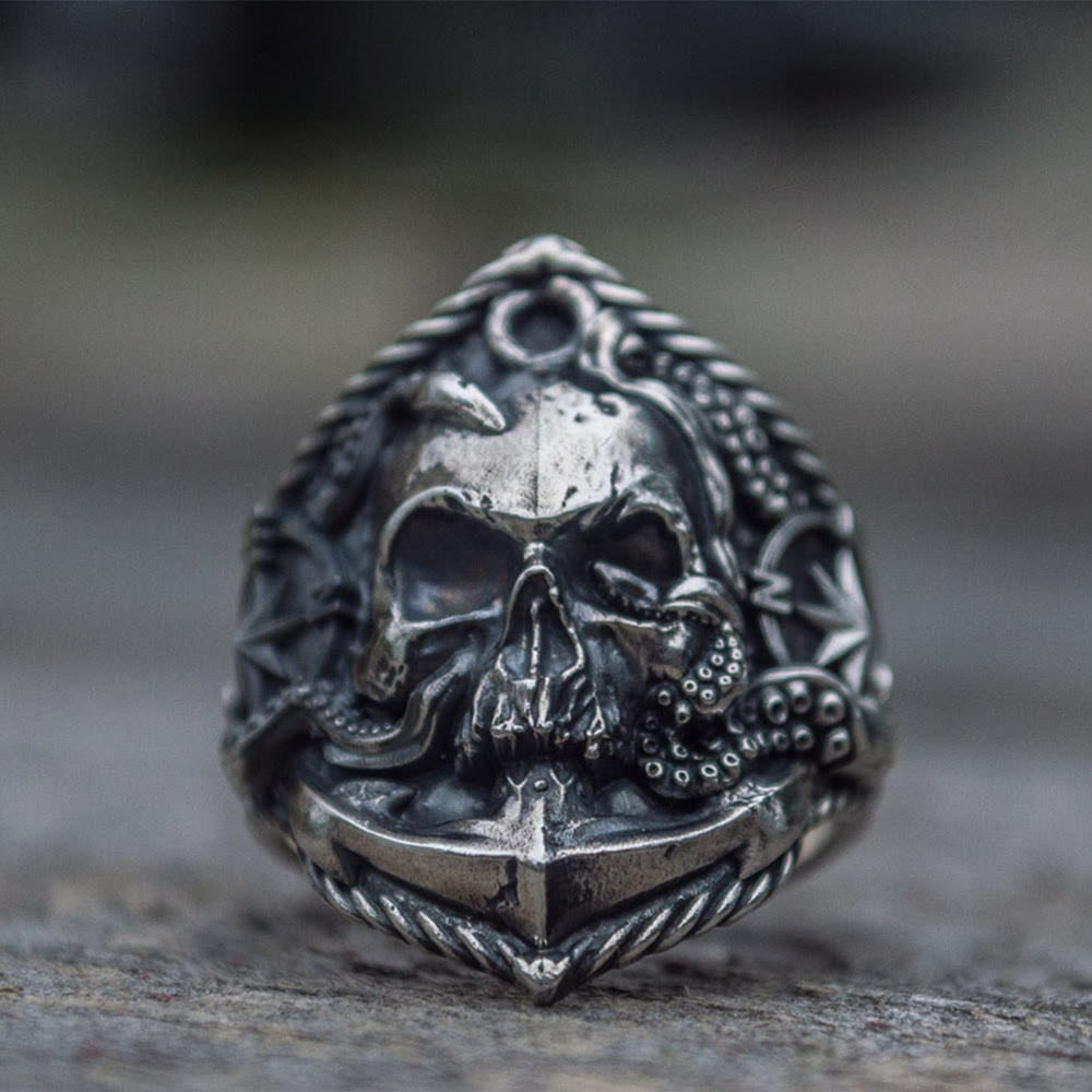 WorldNorse Octopus Skull Anchor Titanium Steel Ring