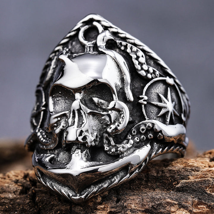 WorldNorse Octopus Skull Anchor Titanium Steel Ring