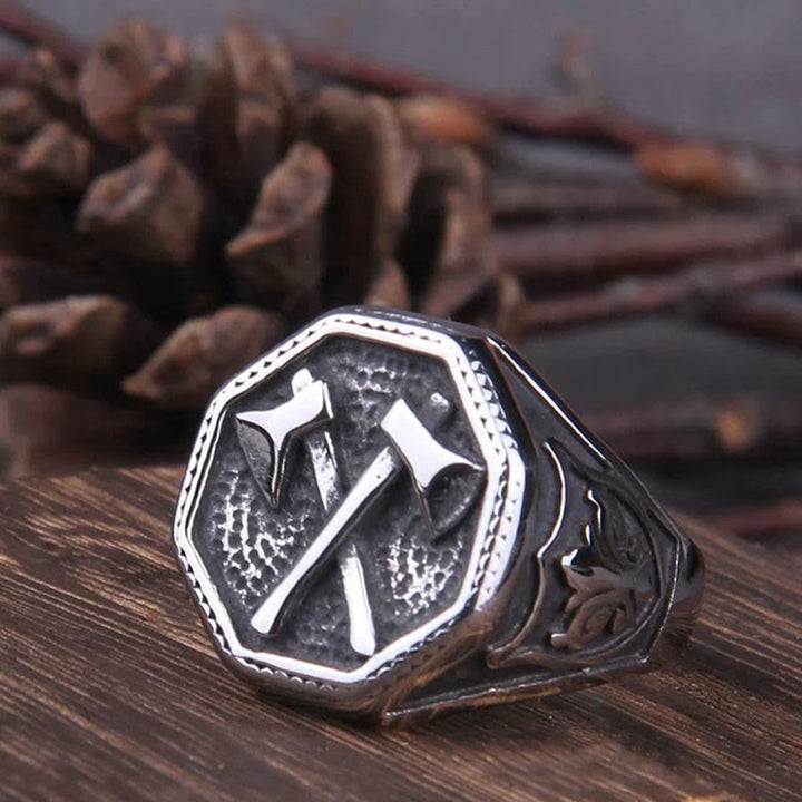 WorldNorse Crossed Viking Axe Stainless Steel Ring