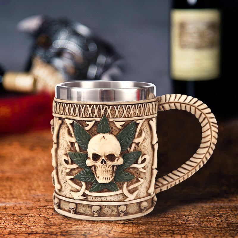 WorldNorse Skull Leaf Curved Handle Mug