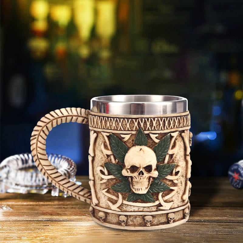 WorldNorse Skull Leaf Curved Handle Mug