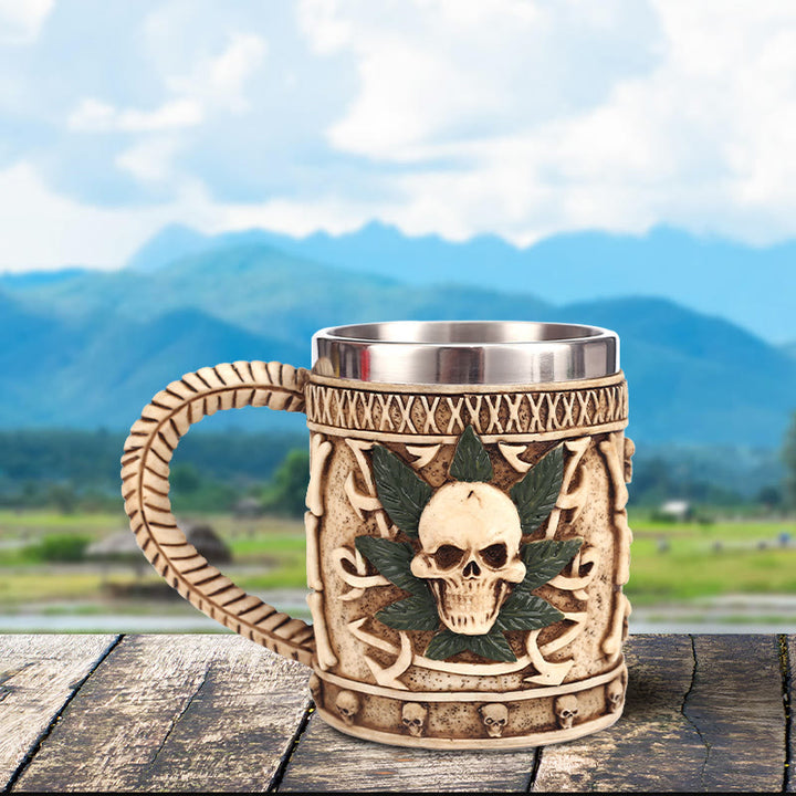 WorldNorse Skull Leaf Curved Handle Mug