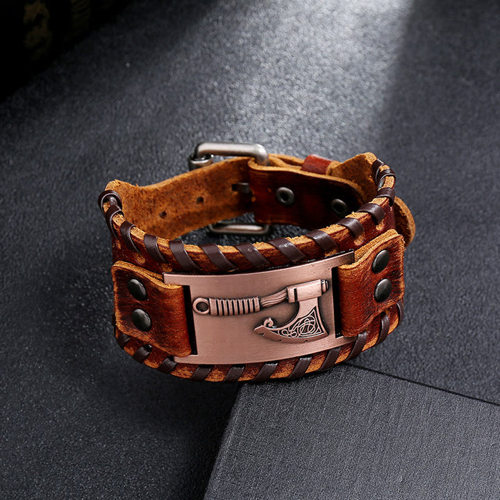 WorldNorse Viking Axe Norse Weapon Leather Bracelet - Retro Red+Brown Leather - image 1