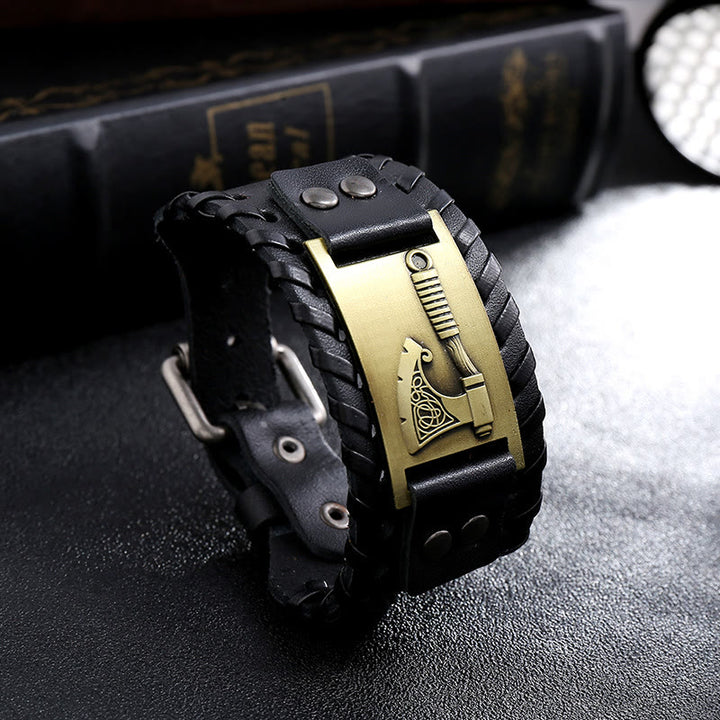 WorldNorse Viking Axe Norse Weapon Leather Bracelet - Retro Bronze+Black Leather - image 3