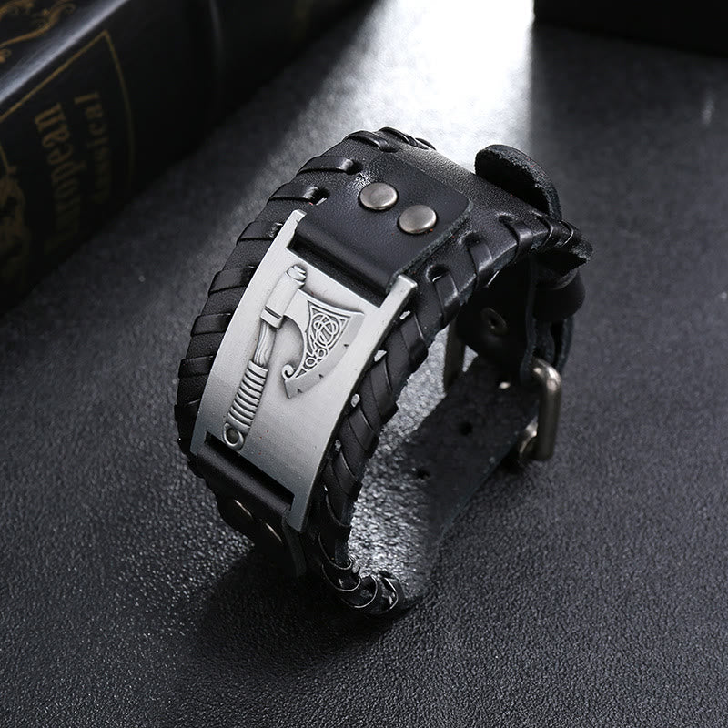 WorldNorse Viking Axe Norse Weapon Leather Bracelet - Retro Silver+Black Leather - image 5