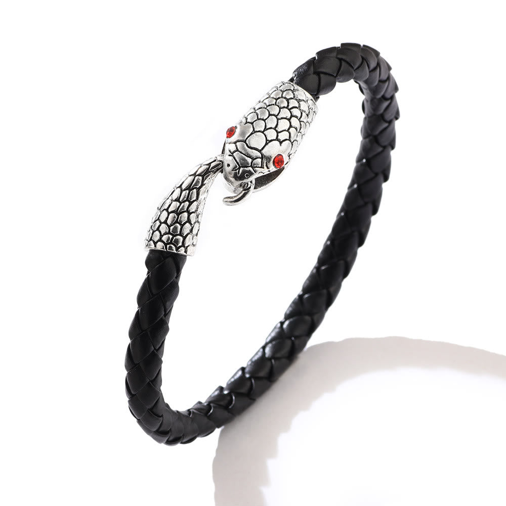 WorldNorse Snake Head Biting Tail Braided Leather Bracelet - Silver - image 5