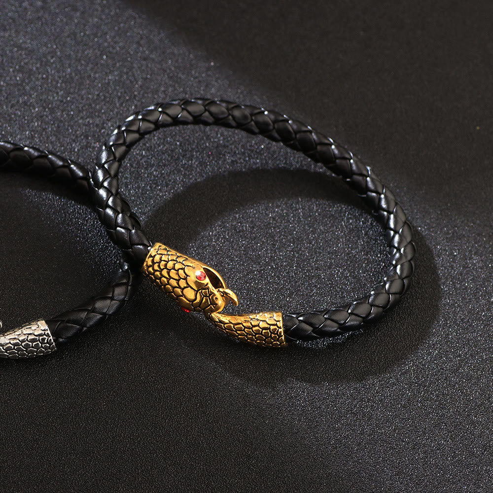 WorldNorse Snake Head Biting Tail Braided Leather Bracelet