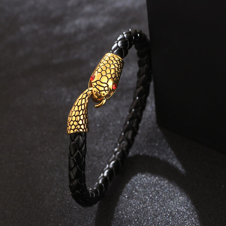 WorldNorse Snake Head Biting Tail Braided Leather Bracelet