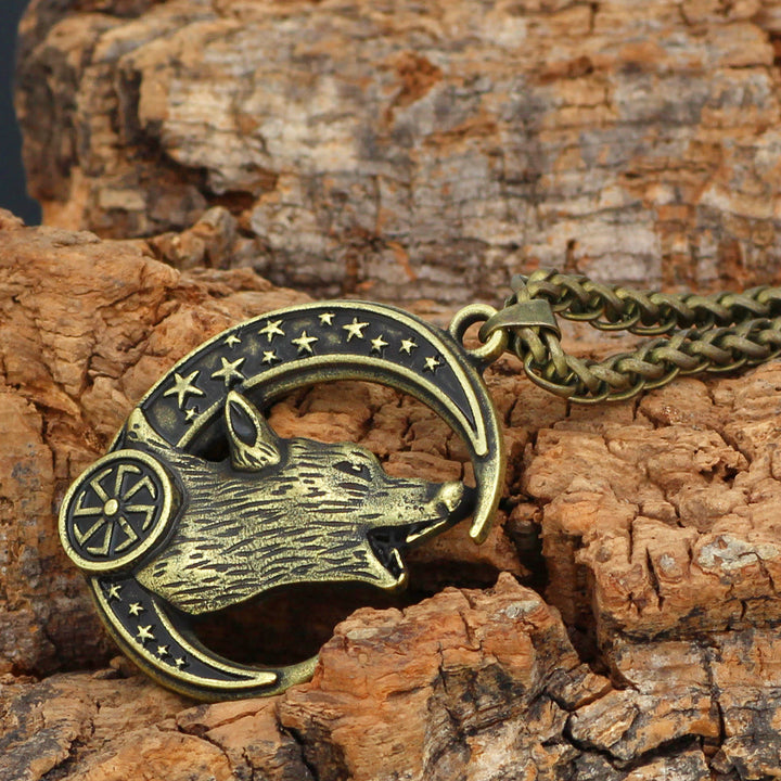 WorldNorse Cresent Moon Star Wolf Necklace