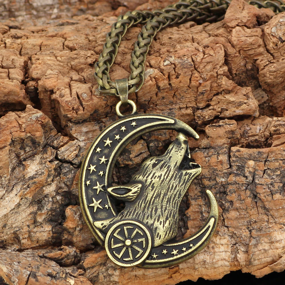 WorldNorse Cresent Moon Star Wolf Necklace