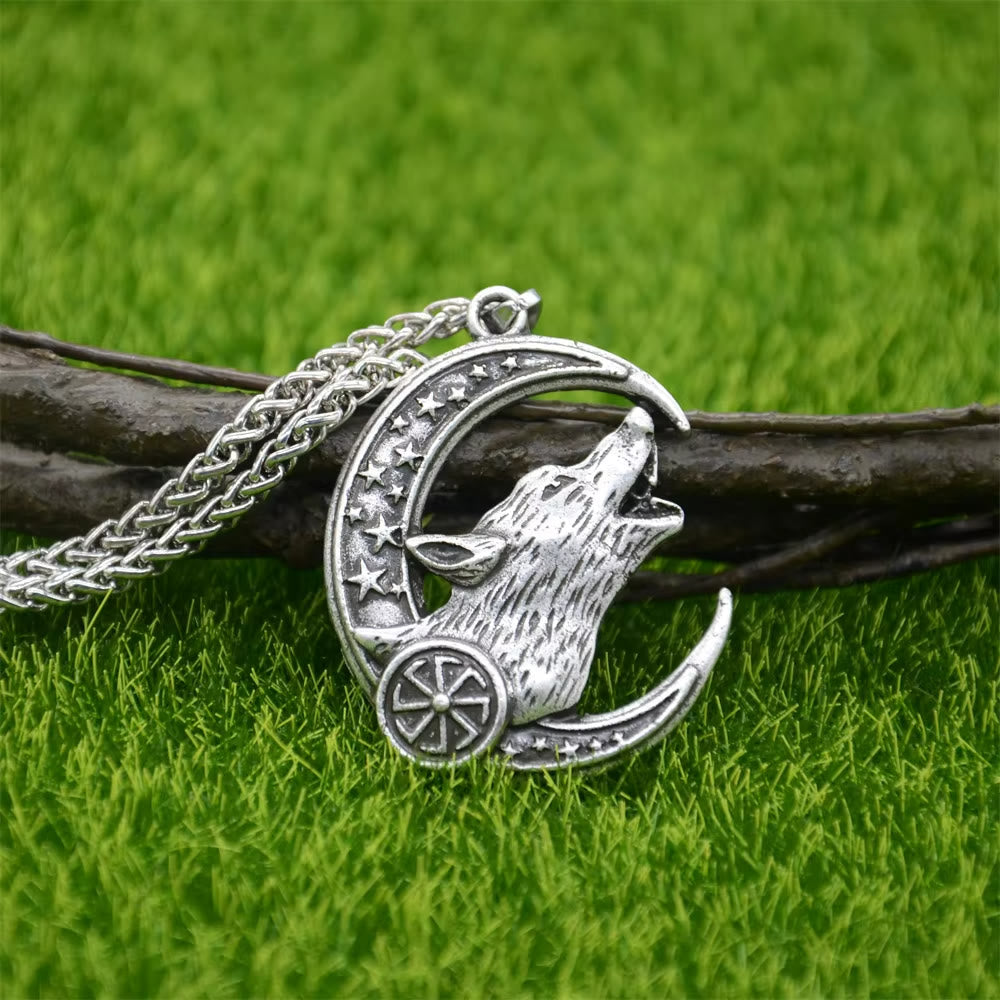WorldNorse Cresent Moon Star Wolf Necklace - Retro Silver - image 0