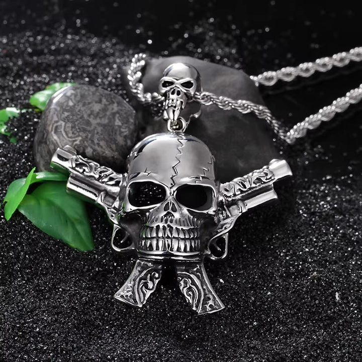 WorldNorse Cracked Skull Crossed Pistols Necklace