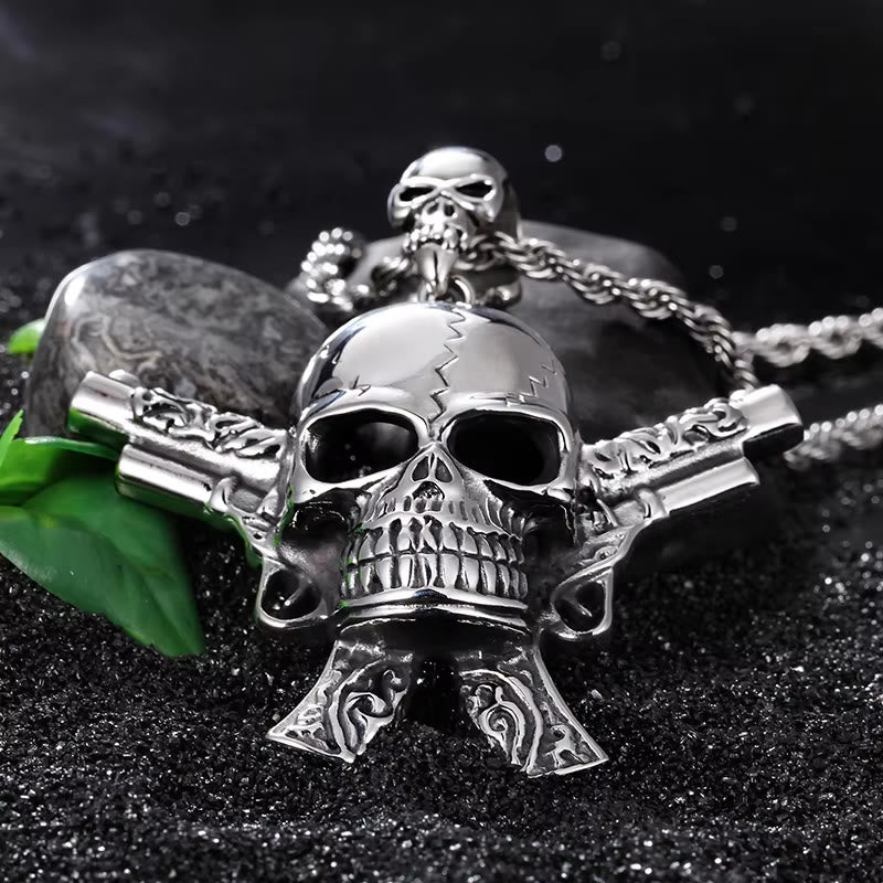 WorldNorse Cracked Skull Crossed Pistols Necklace