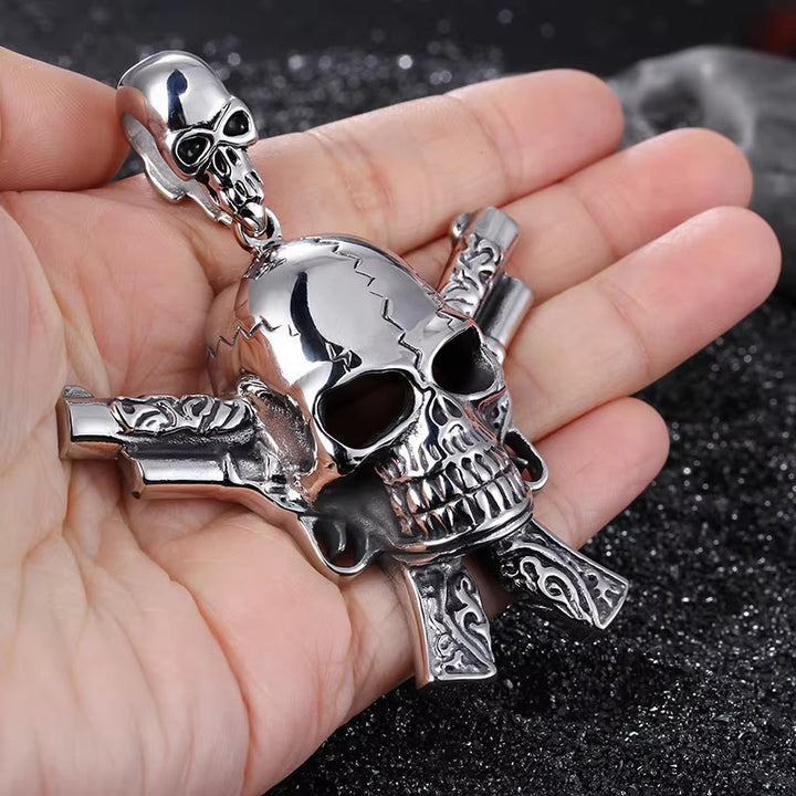 WorldNorse Cracked Skull Crossed Pistols Necklace