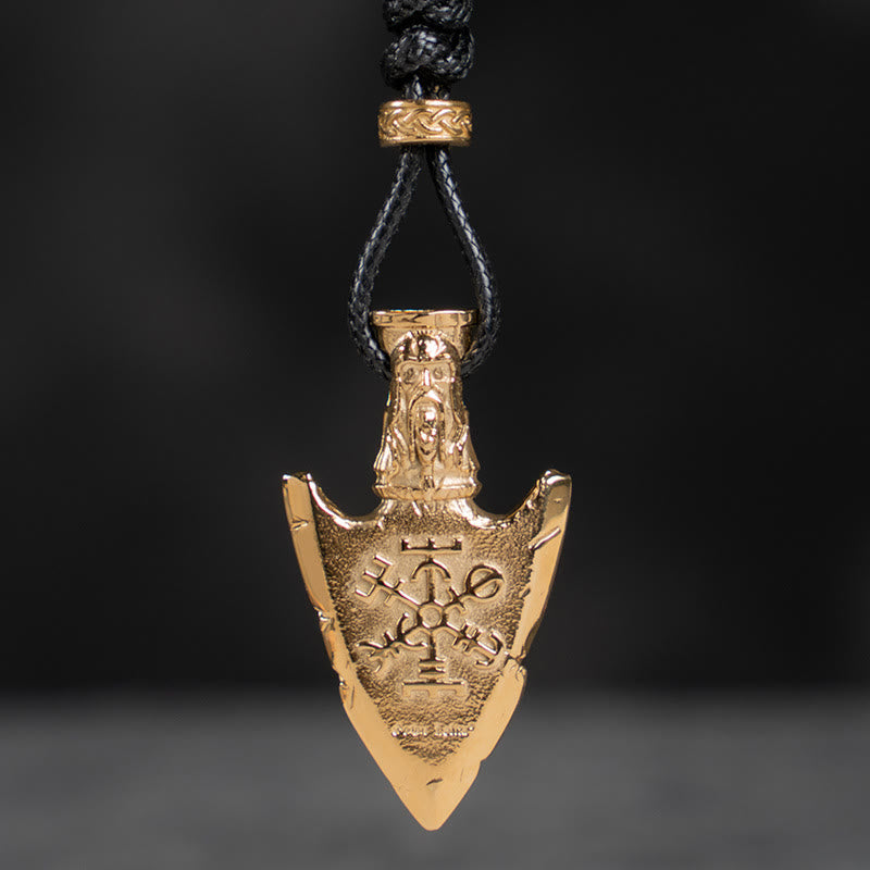 WorldNorse Vegvisir Valknut Retro Arrowhead Necklace - With Wax Rope - Gold - image 1