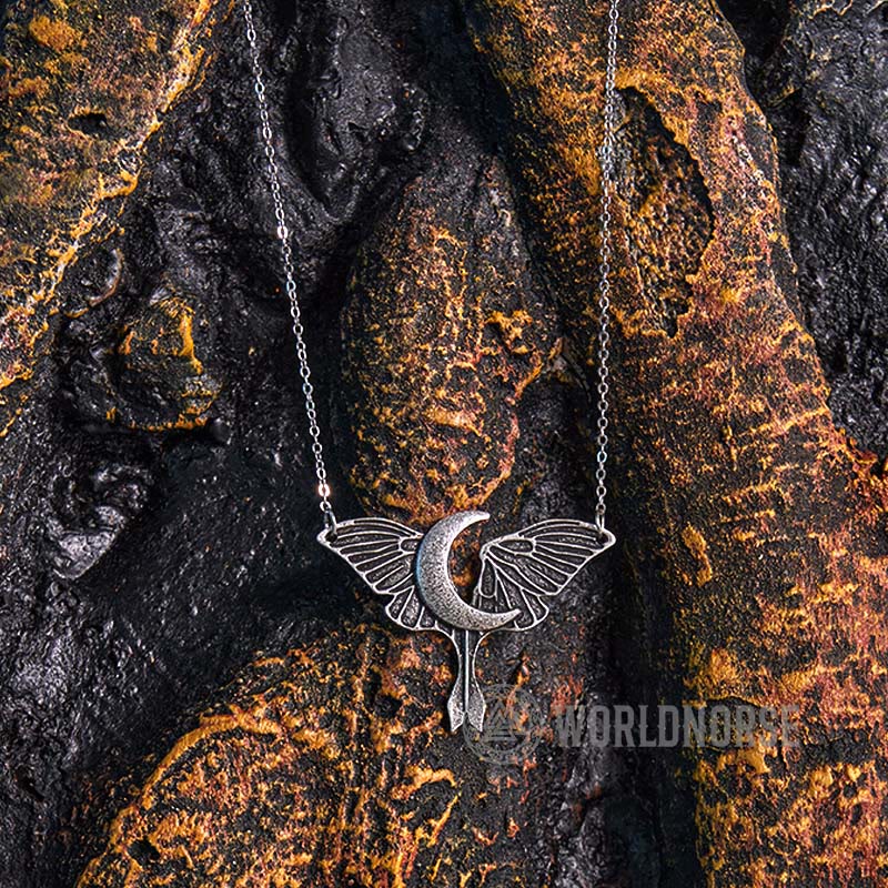 WorldNorse Gothic Moon Moth Dangle Necklace