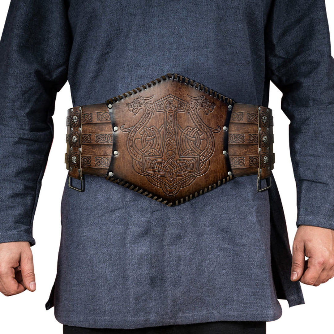 WorldNorse Norse Dragon Mjolnir Wolves Celtic Knot Waistband - Norse Dragon + Mjolnir - Brown - image 0