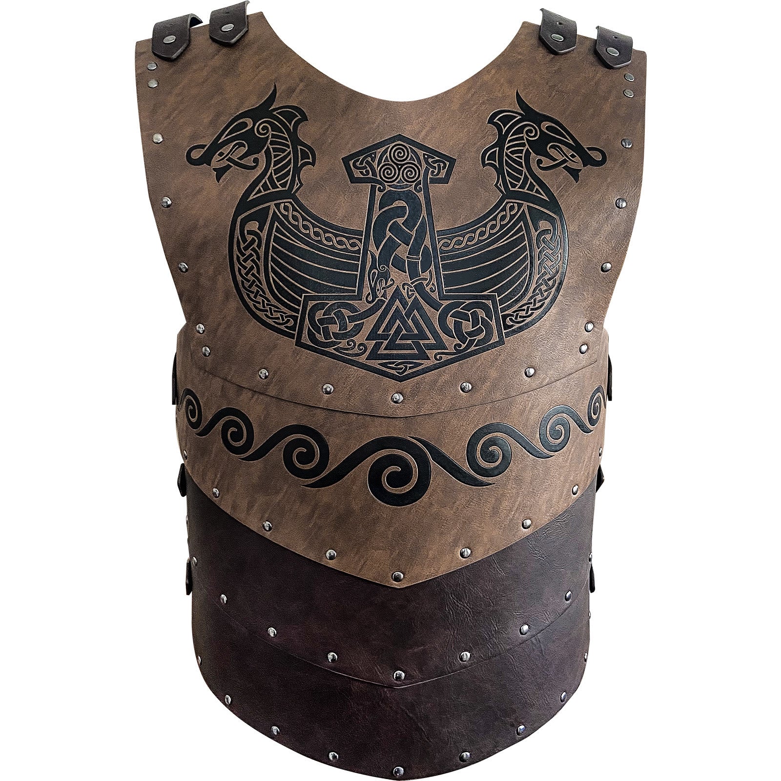 WorldNorse Viking Axe Mjolnir Leather Chest Armor Vest - Brown