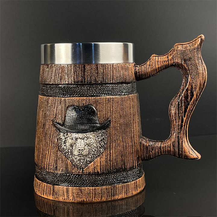 WorldNorse Wooden Finish Lion Viking Bear Mug