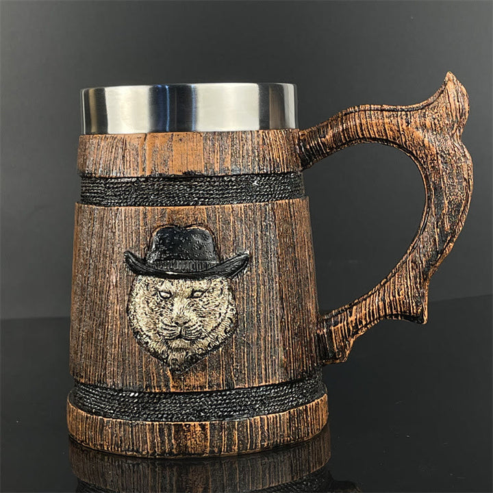 WorldNorse Wooden Finish Lion Viking Bear Mug