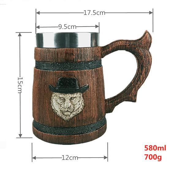 WorldNorse Wooden Finish Lion Viking Bear Mug