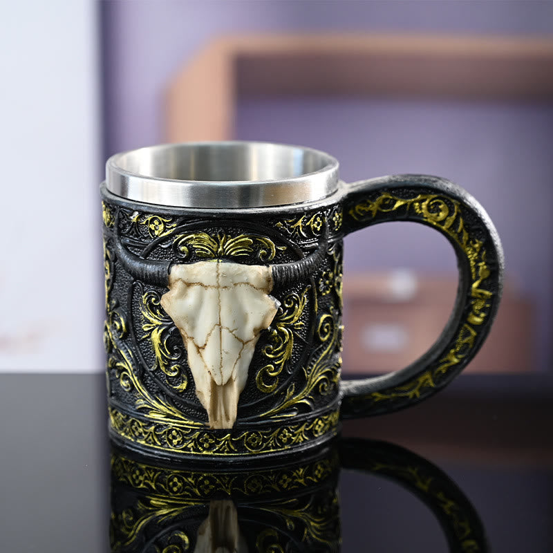 WorldNorse Carved Bull Skull Tankard Mug