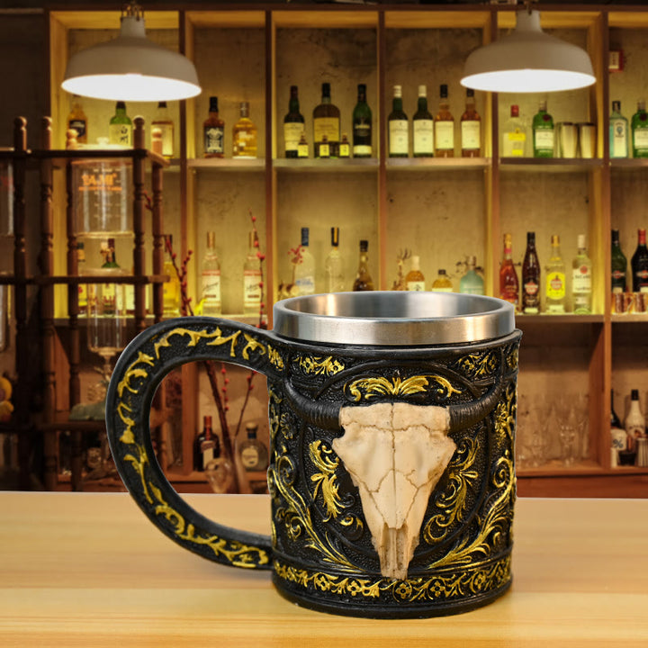 WorldNorse Carved Bull Skull Tankard Mug