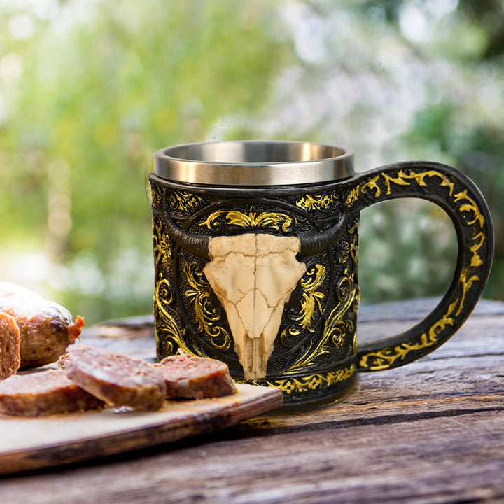 WorldNorse Carved Bull Skull Tankard Mug