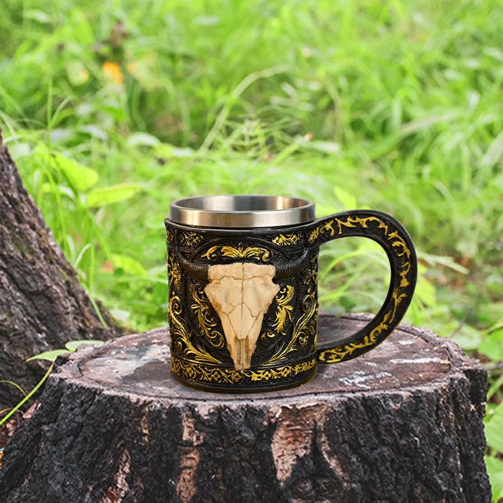 WorldNorse Carved Bull Skull Tankard Mug