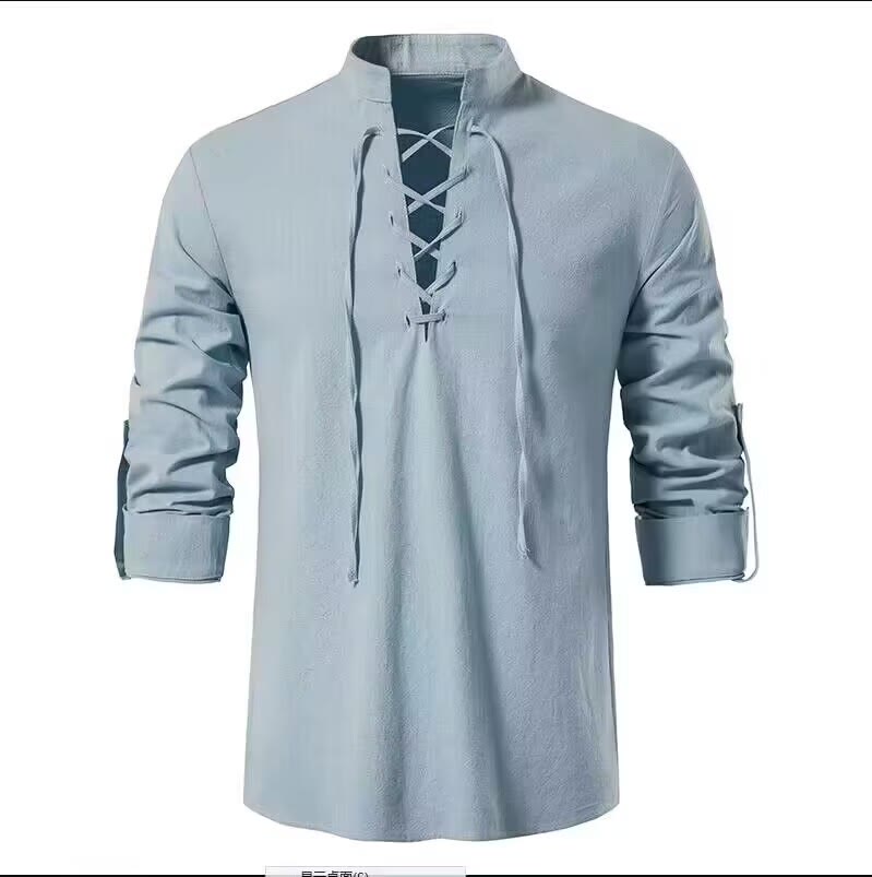 WorldNorse Medieval Lace-Up Tunic Henley Costume Shirt - Light Blue - 3XL - image 21