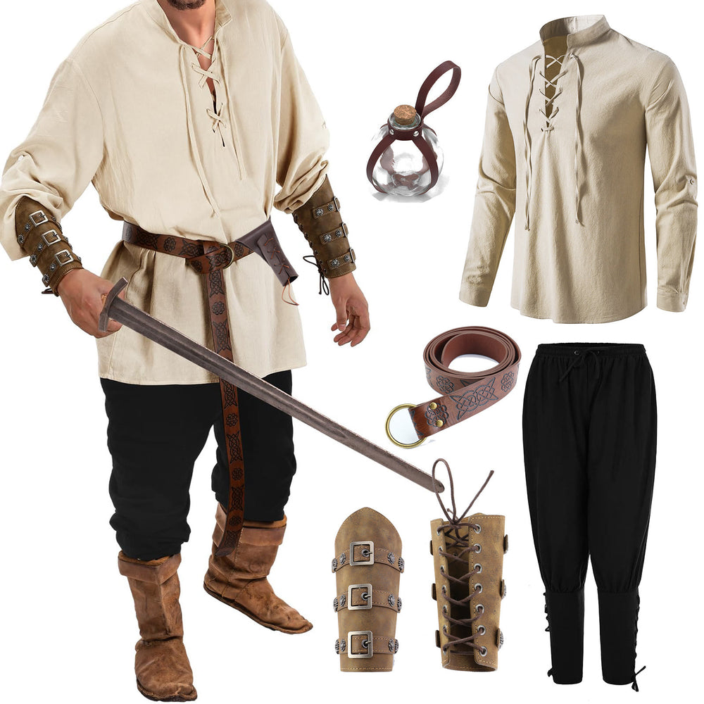 WorldNorse Viking Medieval Pirate Shirt Costume Set  - Shirt + Pant + Belt + Bottle + Wrist Guard 1 pair - 2XL - image 1