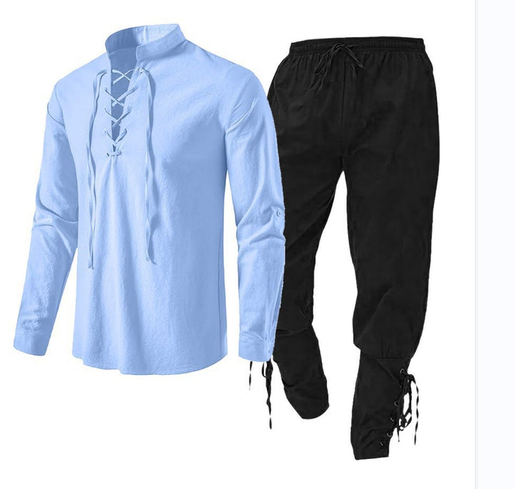 WorldNorse Medieval Viking 2-Piece Costume Set  - Light Blue + BlackaLight Blue Shirt + Black Pant - 3XL - image 1