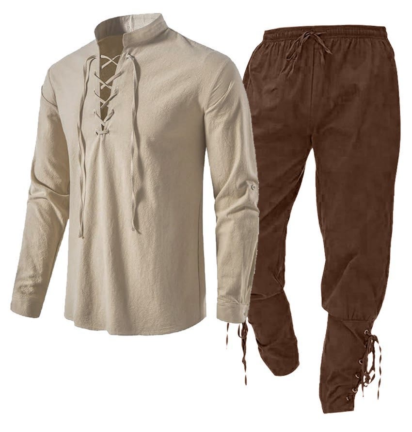 WorldNorse Medieval Viking 2-8-Piece Costume Set  - Khaki Shirt + Brown Pant - 3XL - image 2