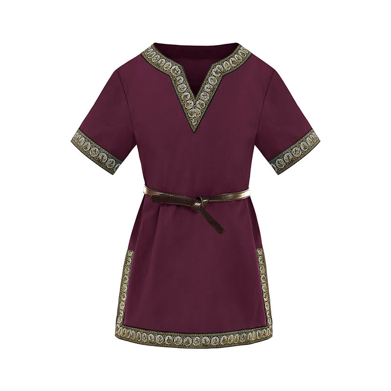 WorldNorse Medieval Embroidered Trim Tunic Costume Shirt - Claret - 160cm - image 6