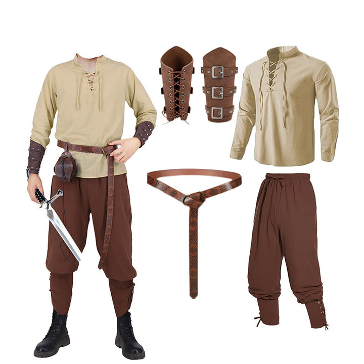 WorldNorse Medieval Nordic Tunic 4-Piece Costume Set  - Khaki Shirt + Brown Pant + Belt + Wrist Guard - 3XL - image 0