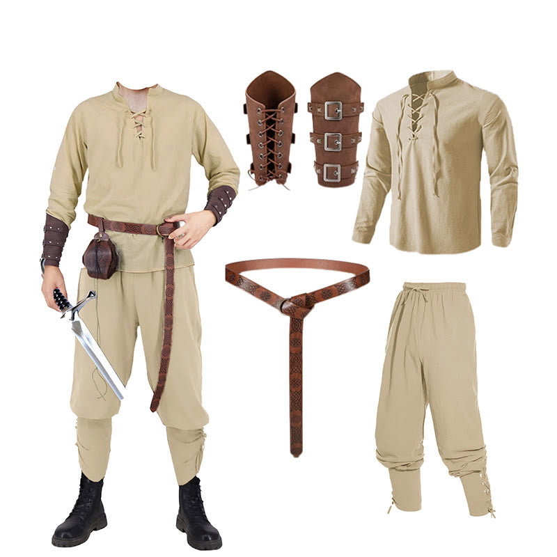 WorldNorse Medieval Nordic Tunic 4-Piece Costume Set  - Khaki Shirt + Khaki Pant + Belt + Wrist Guard - 3XL - image 4