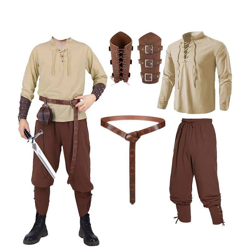 WorldNorse Medieval Nordic Tunic 4-Piece Costume Set  - Khaki Shirt + Brown Pant + Belt + Wrist Guard - 3XL - image 0