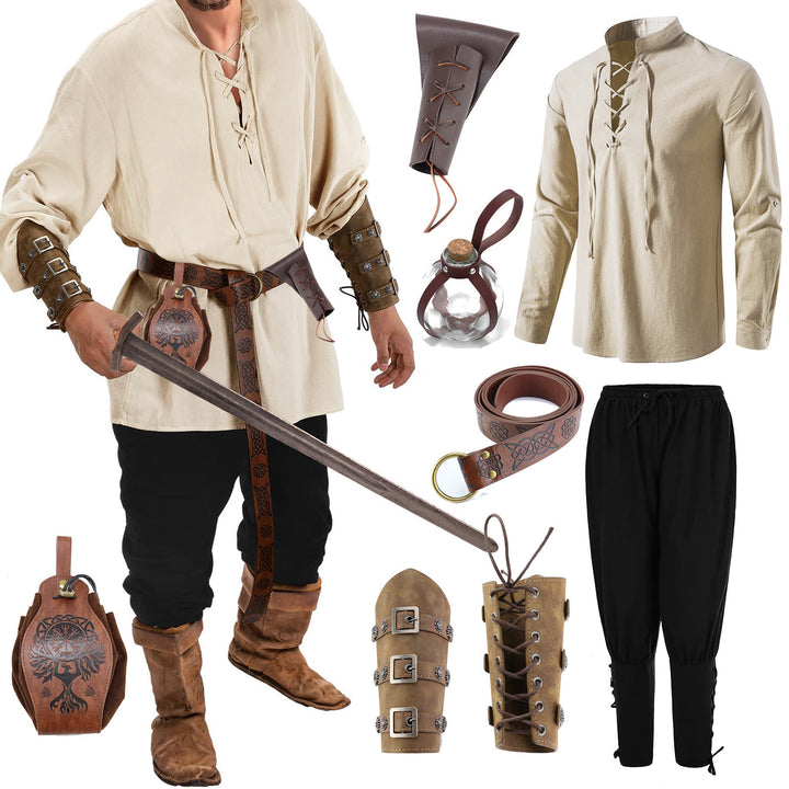 WorldNorse Viking Medieval Pirate Shirt Costume Set  - Shirt + Pant + Belt + Bag + Scabbard + Bottle + Wrist Guard 1 pair - 2XL - image 6
