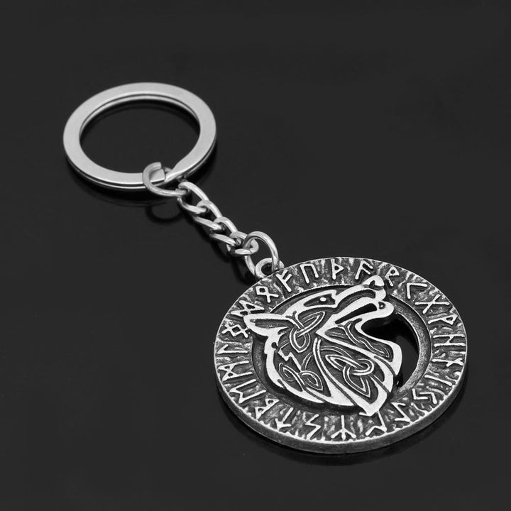 WorldNorse Runes With Wolf Head Keychain